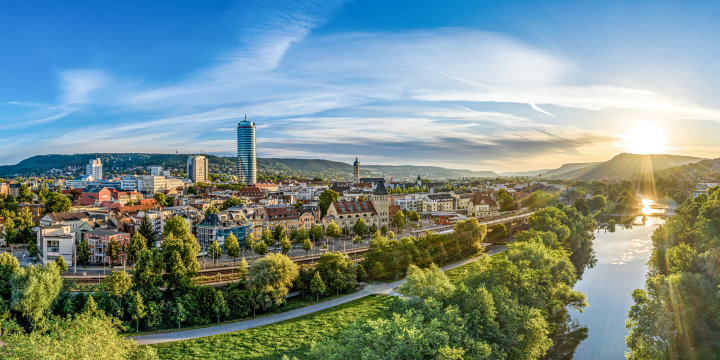 Lichtstadt Jena Panorama Skyline Saalestrand Sonnenaufgang